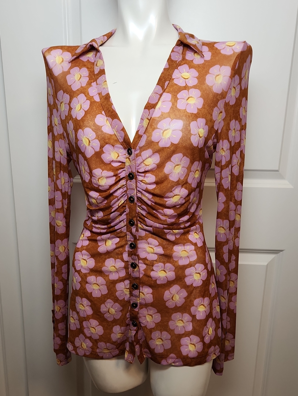 Free People Brown And Lavender Floral Long Sleeve Sheer Button Down Shirt Size S